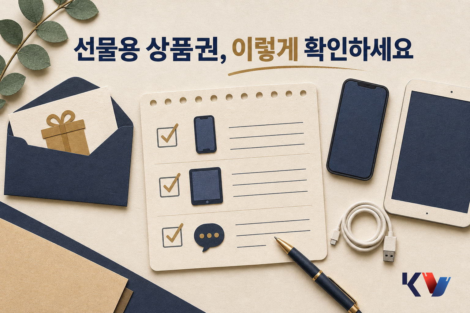 스마트폰과 태블릿 옆에 상품권 안내 카드와 체크리스트 메모를 두고 사용 가능 조건을 확인하는 장면입니다.