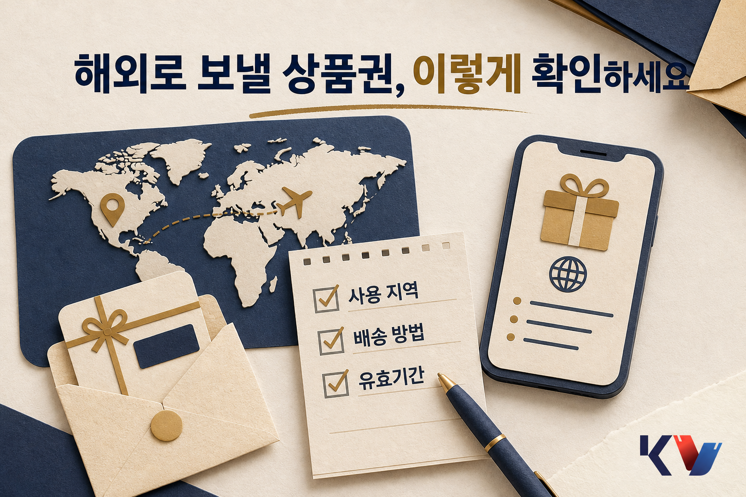 책상 위에서 해외 거주자에게 보낼 상품권의 사용 지역과 배송 방식, 유효기간을 체크리스트로 함께 확인하는 모습이다.
