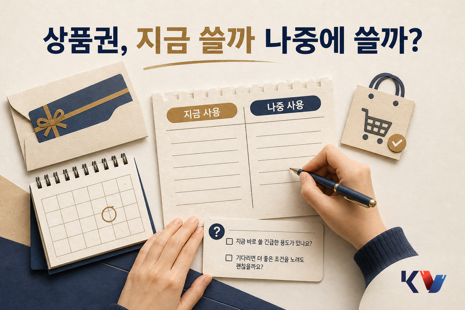 탁자 위 달력과 상품권 봉투, 장바구니 메모를 두고 바로 쓸지 나중에 쓸지 비교하며 정리하는 장면