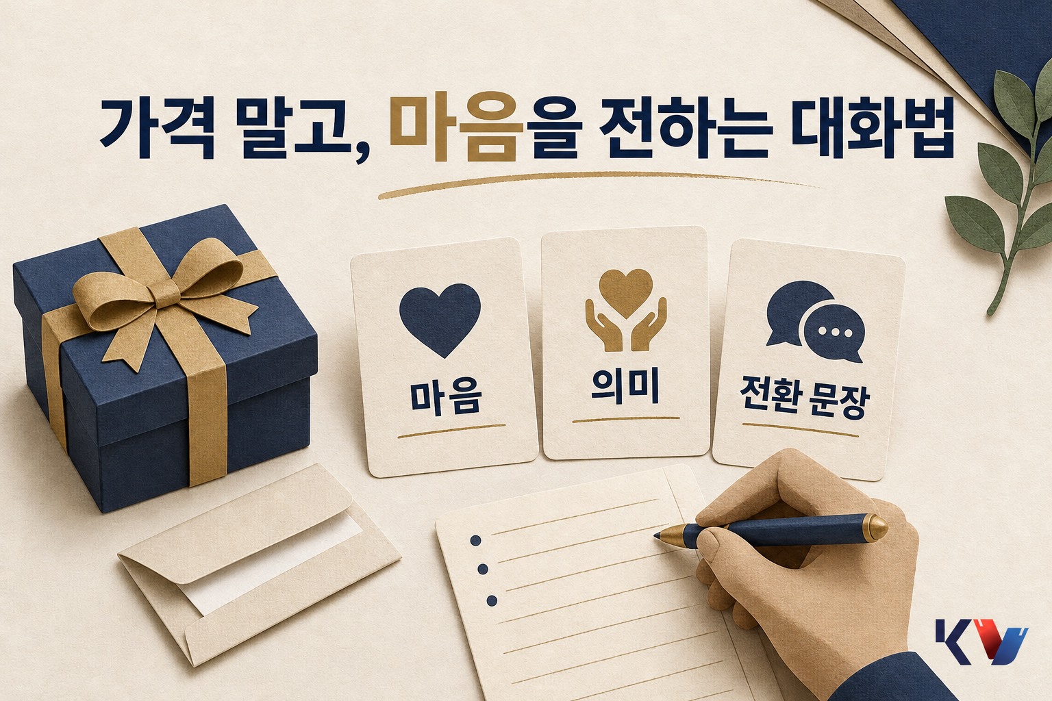선물 상자 옆에 질문 카드와 접어 둔 영수증 봉투를 두고 가격 대신 전할 말을 정리하는 책상 모습