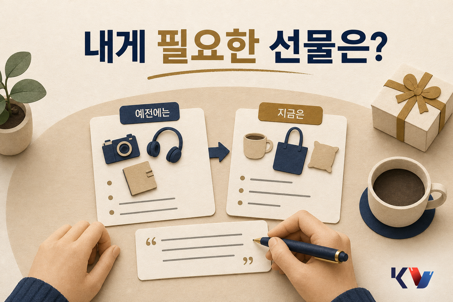 식탁 위에서 예전에 좋았던 선물 메모와 지금 필요한 물건 목록을 나란히 비교하며 설명 문장을 적는 모습