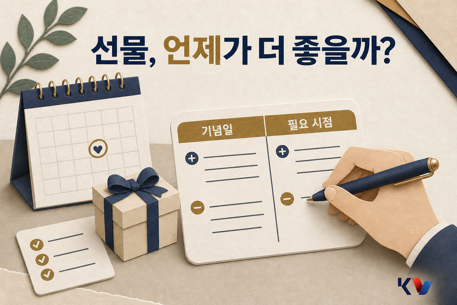 달력 옆에 놓인 선물 상자와 메모 카드에 기념일과 필요 시점을 나눠 적으며 비교하는 장면