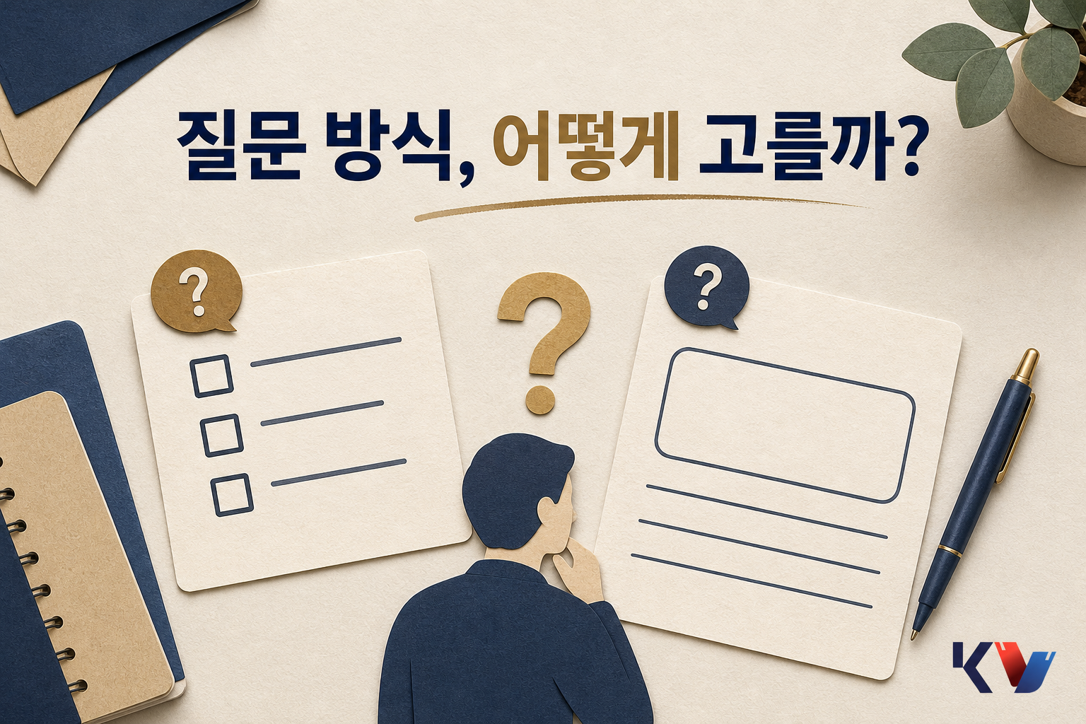 책상 위에 선택지형 질문 카드와 빈 답변 칸이 있는 설문지가 나란히 놓여 있고, 한 사람이 두 형식을 비교하며 질문 문구를 고르는 모습