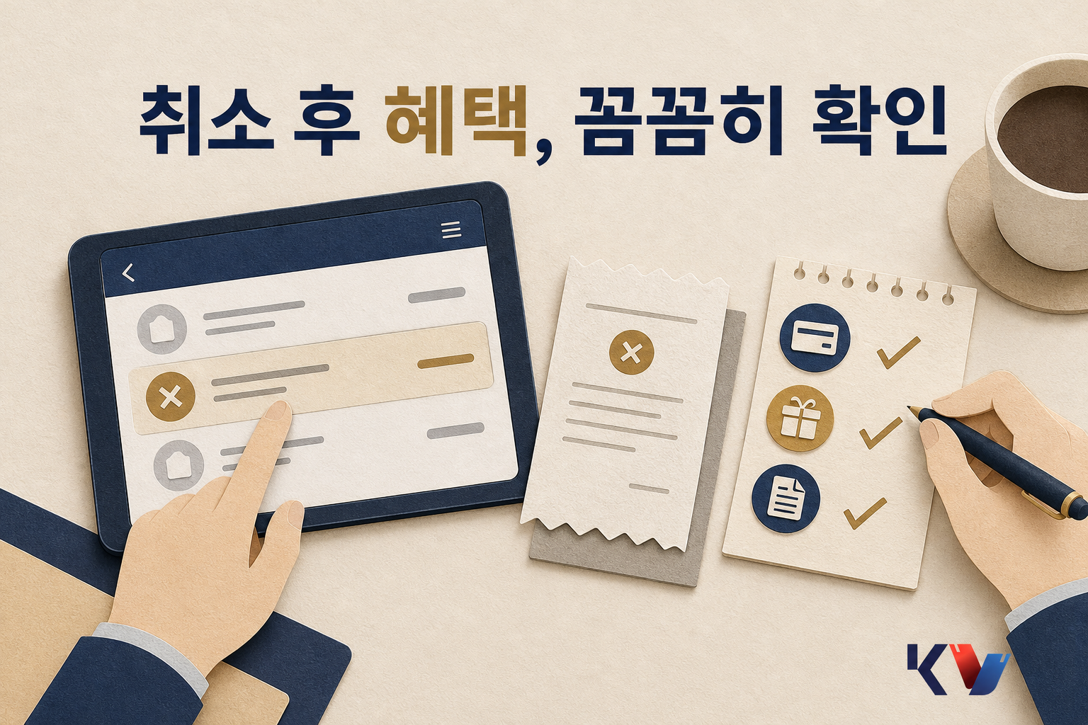 책상 위 태블릿의 카드사 취소 내역과 영수증을 나란히 두고 혜택 반영 여부를 메모지에 항목별로 확인하는 장면