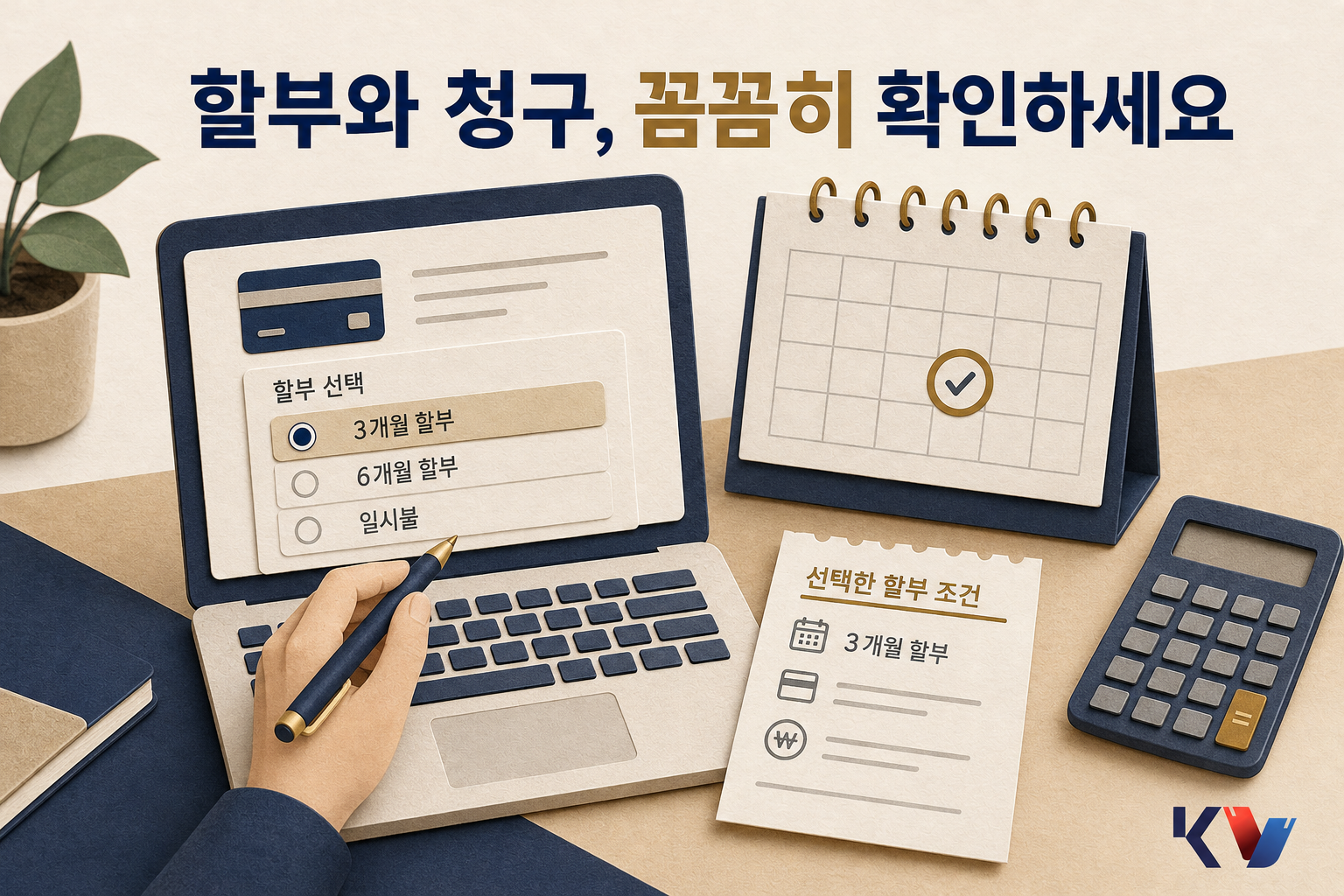 책상 위 결제 화면과 종이 달력, 할부 메모를 나란히 놓고 청구 예정일과 할부 조건을 비교하는 모습