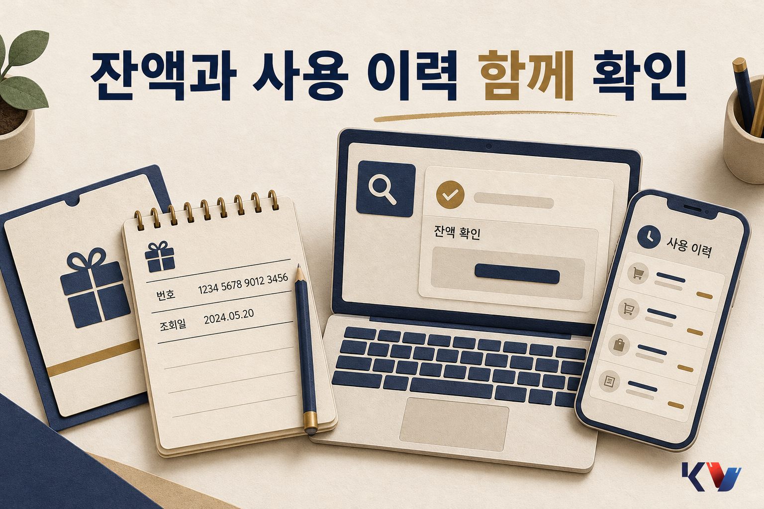 책상 위 메모장에 상품권 번호를 적어 두고 노트북의 잔액 조회 화면과 휴대폰의 사용 이력 목록을 함께 비교하는 모습