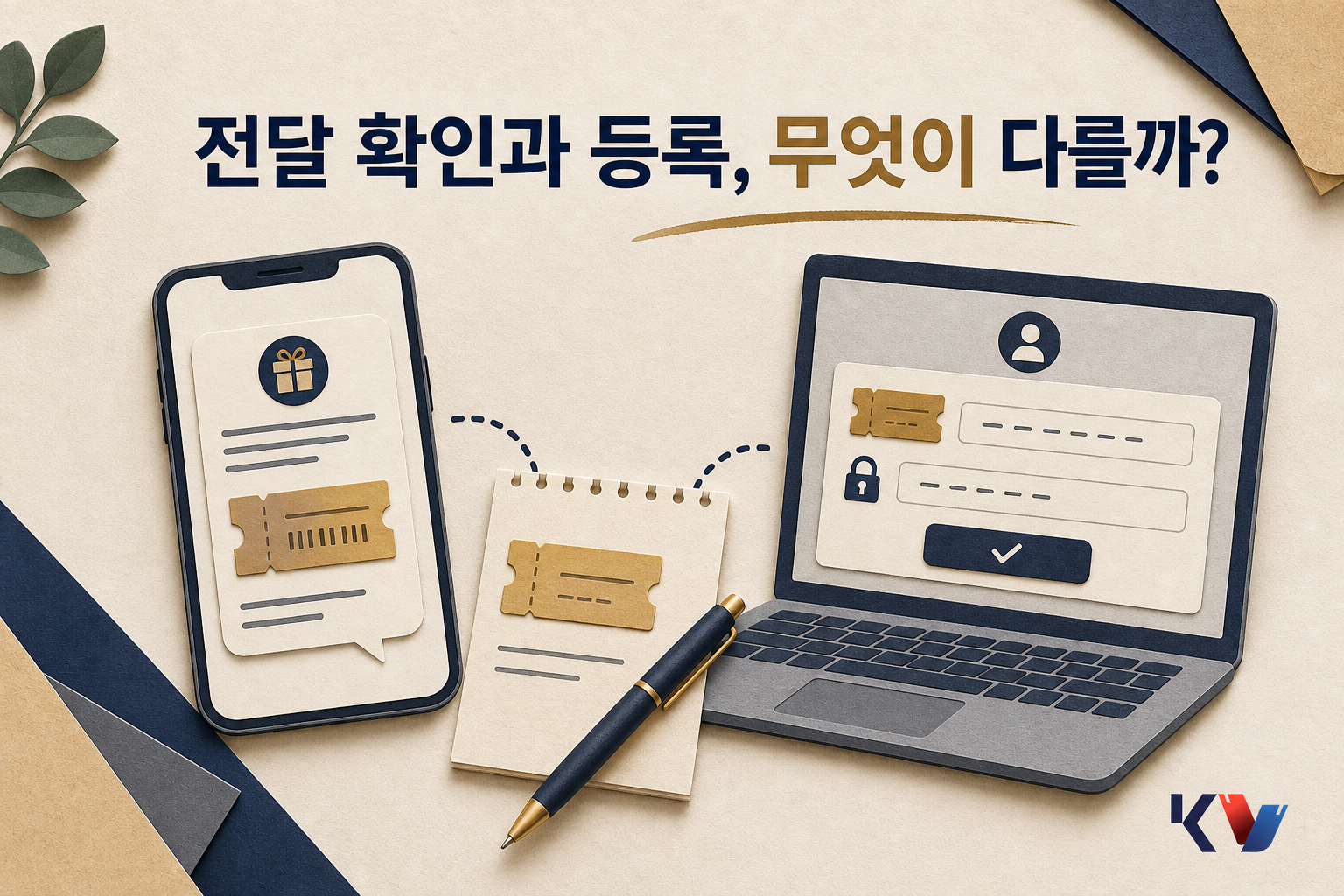 책상 위에서 상품권 전달 메시지가 열린 스마트폰과 계정 등록 화면이 켜진 노트북을 나란히 두고 차이를 비교하는 장면