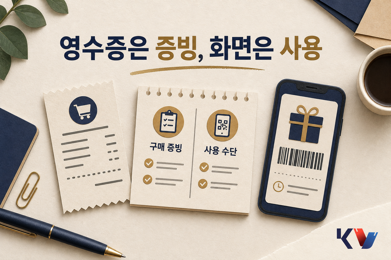 책상 위에 구매 영수증과 상품권 화면이 함께 놓여 있고, 가운데 메모지에 두 자료의 쓰임새를 나눠 적는 모습