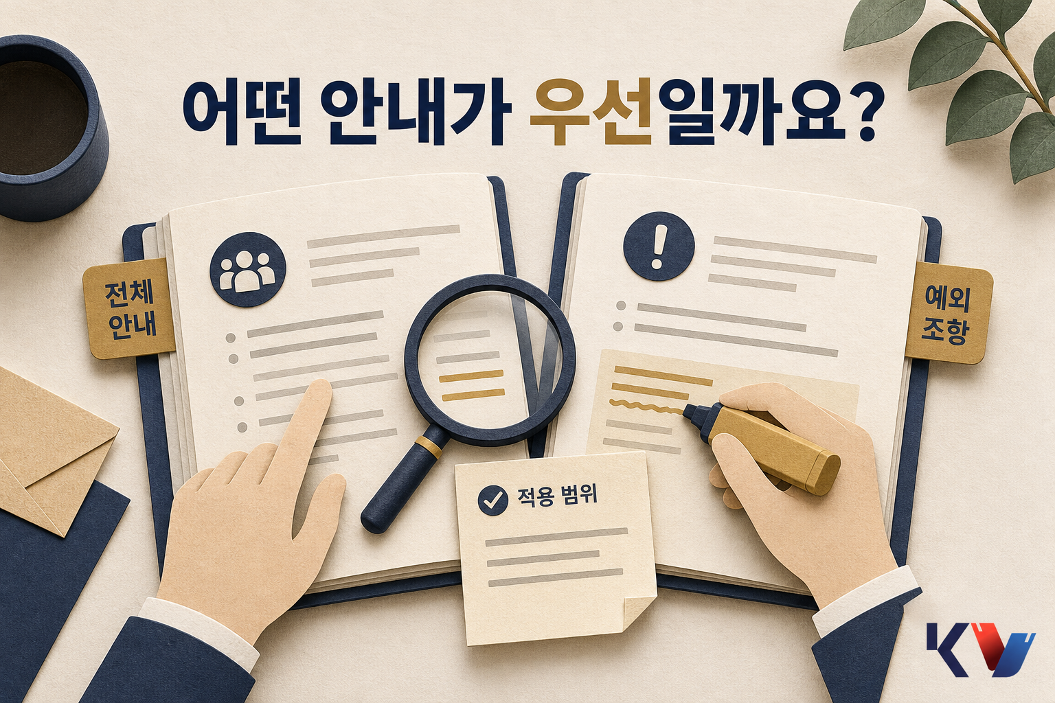 전체 안내가 적힌 책과 예외 조항이 적힌 책을 나란히 두고 돋보기로 적용 범위를 비교하는 장면