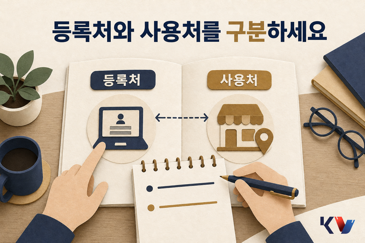 상품권 안내서의 등록처와 사용처 항목을 나란히 비교하며 확인하는 책상 장면