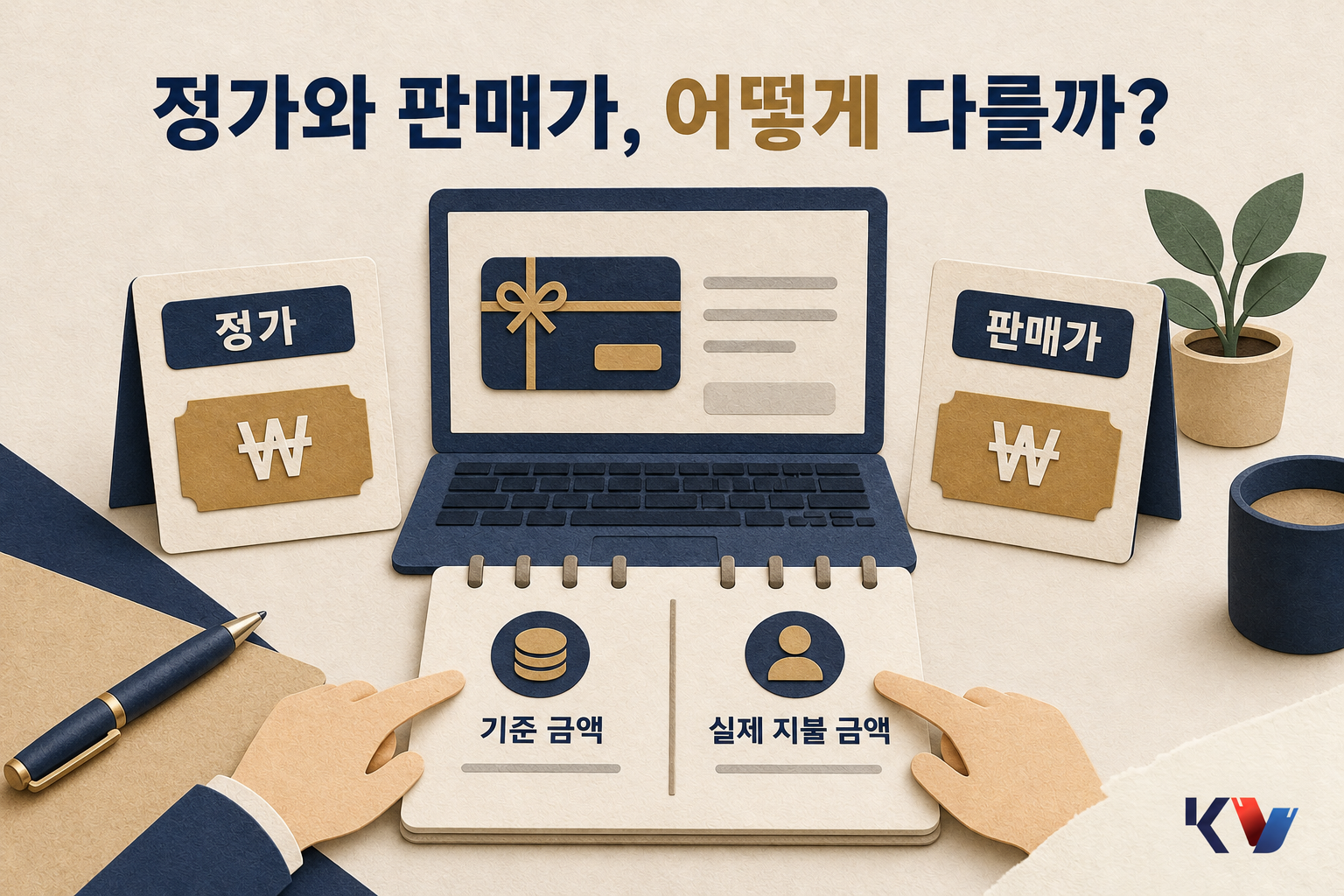 노트북의 상품권 판매 화면 옆에 정가와 판매가 표지를 나란히 세워 두고, 메모지에 기준 금액과 실제 지불 금액을 구분해 적는 장면