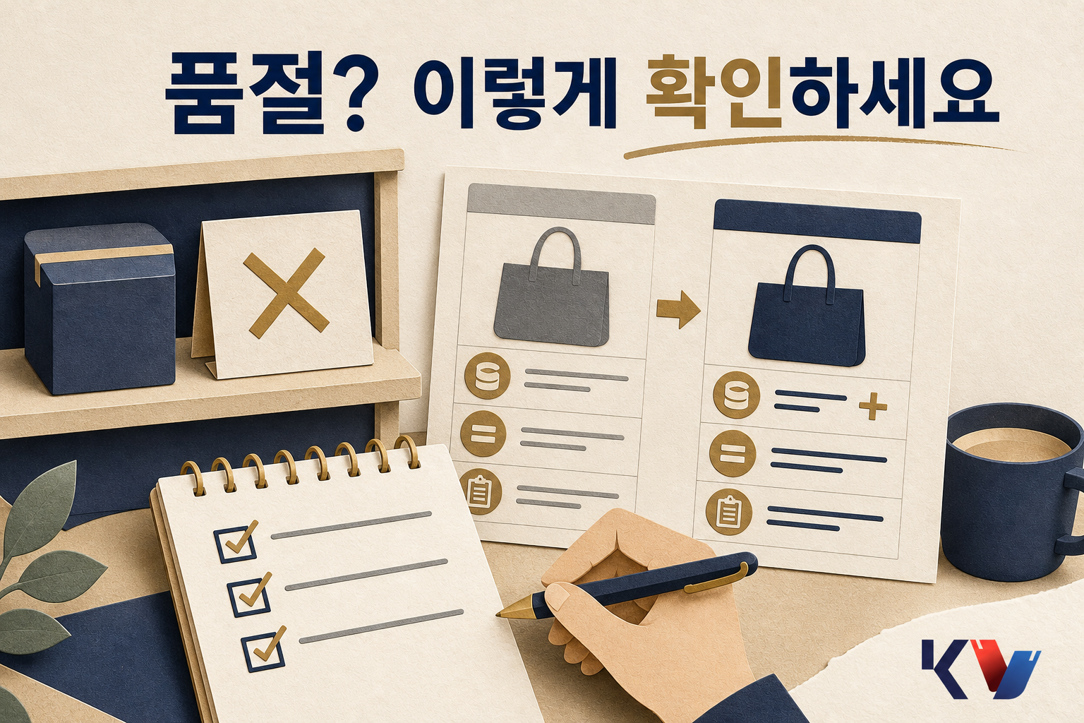 품절 표시가 붙은 상품 옆에서 대체 상품 비교표와 메모장을 보며 차액과 조건을 확인하는 모습