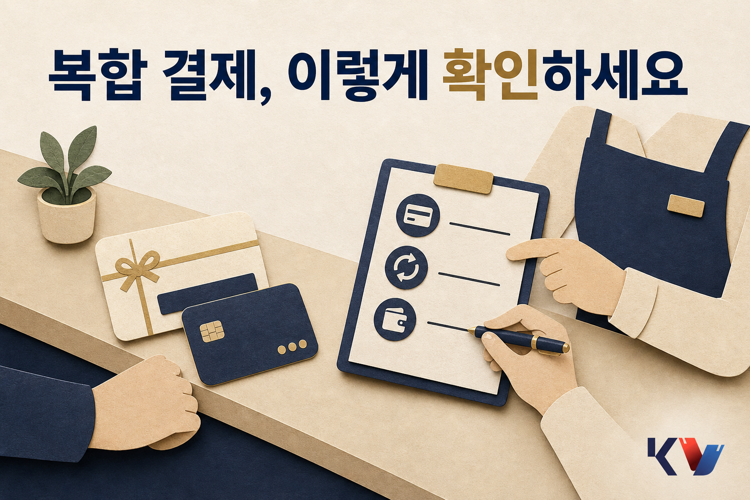계산대 위 상품권과 신용카드를 두고 결제 순서와 잔액 처리 안내를 적어 보는 장면