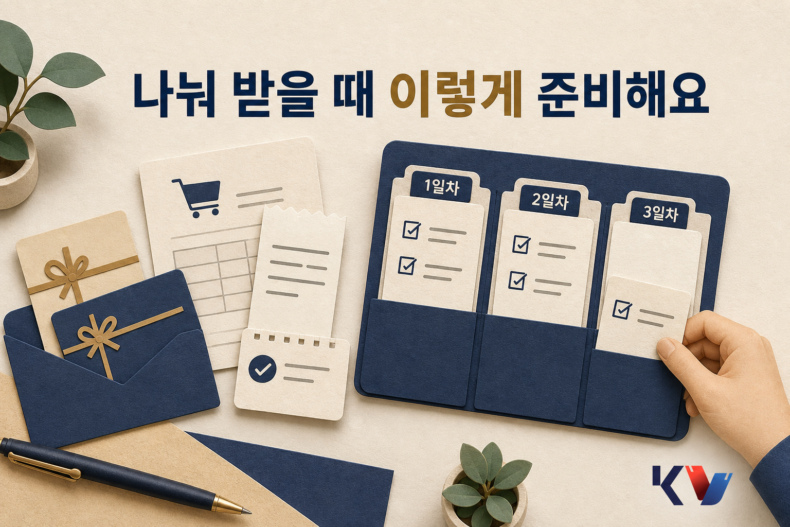 책상 위에서 주문 확인서와 수령 안내문, 상품권을 날짜별 체크리스트로 나눠 정리하는 모습