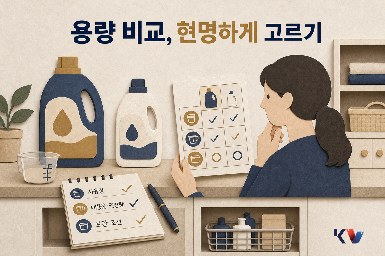 주방 조리대에 서로 다른 용량의 세제 두 통과 계량컵이 놓여 있고, 한 사람이 비교표를 보며 사용량과 보관 공간을 대조하는 장면