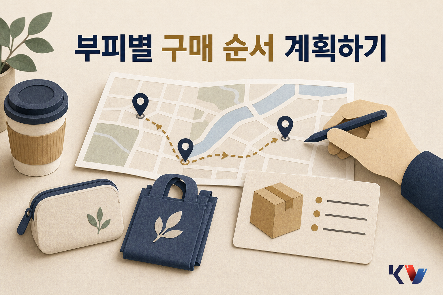 종이 지도와 구매 목록을 보며 작은 물건과 큰 물건의 구매 순서를 동선대로 정리하는 장면