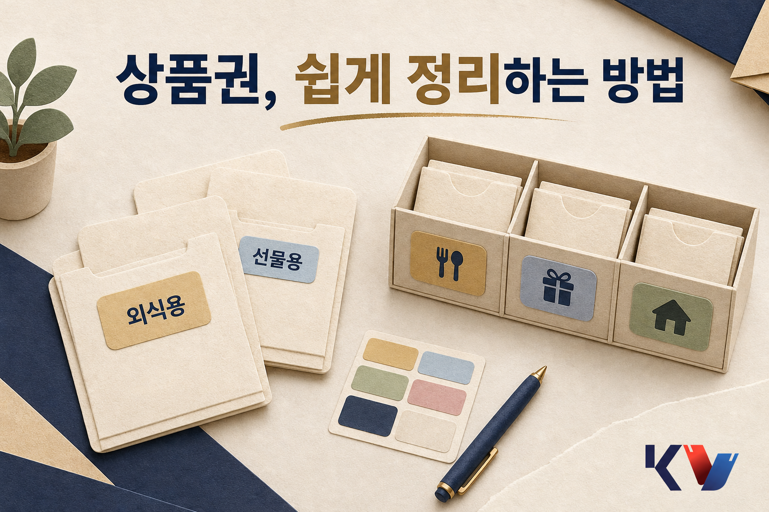 책상 위에서 상품권 봉투에 용도 라벨을 붙이고 보관함 칸별로 나눠 정리하는 모습
