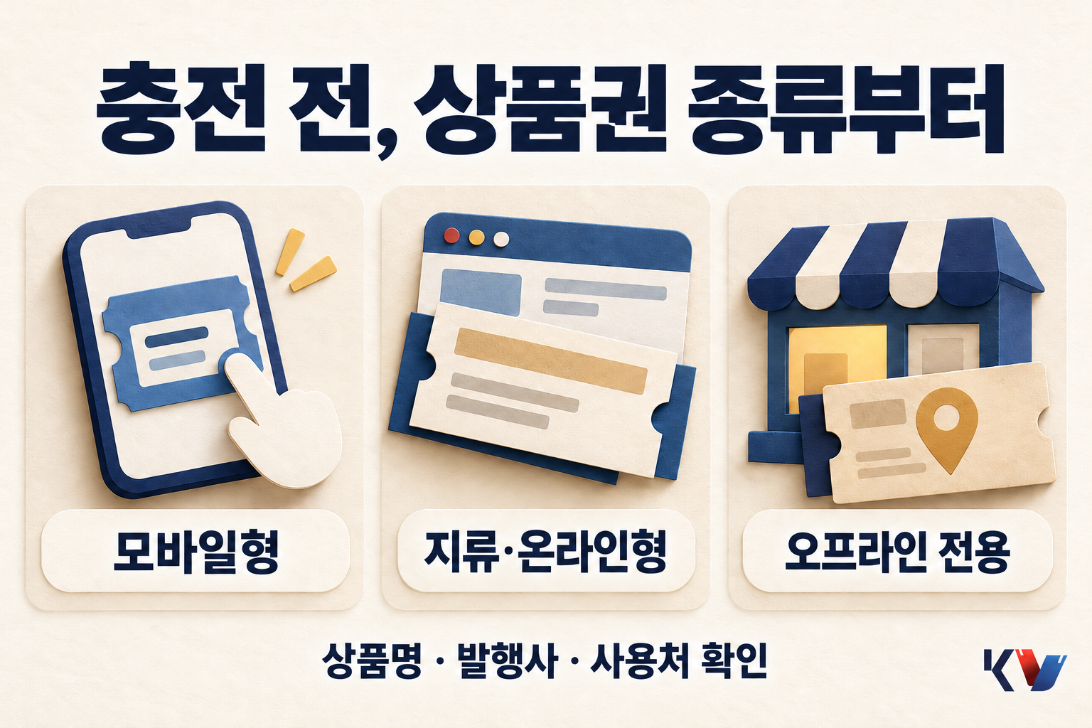 모바일형, 지류·온라인형, 오프라인 전용 상품권을 나란히 비교하며 상품명·발행사·사용처 확인을 안내하는 이미지