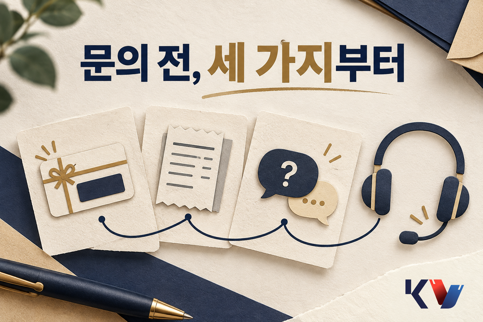 상품명 태그, 구매 영수증, 질문 메모를 상담 헤드셋과 연결한 안내 이미지