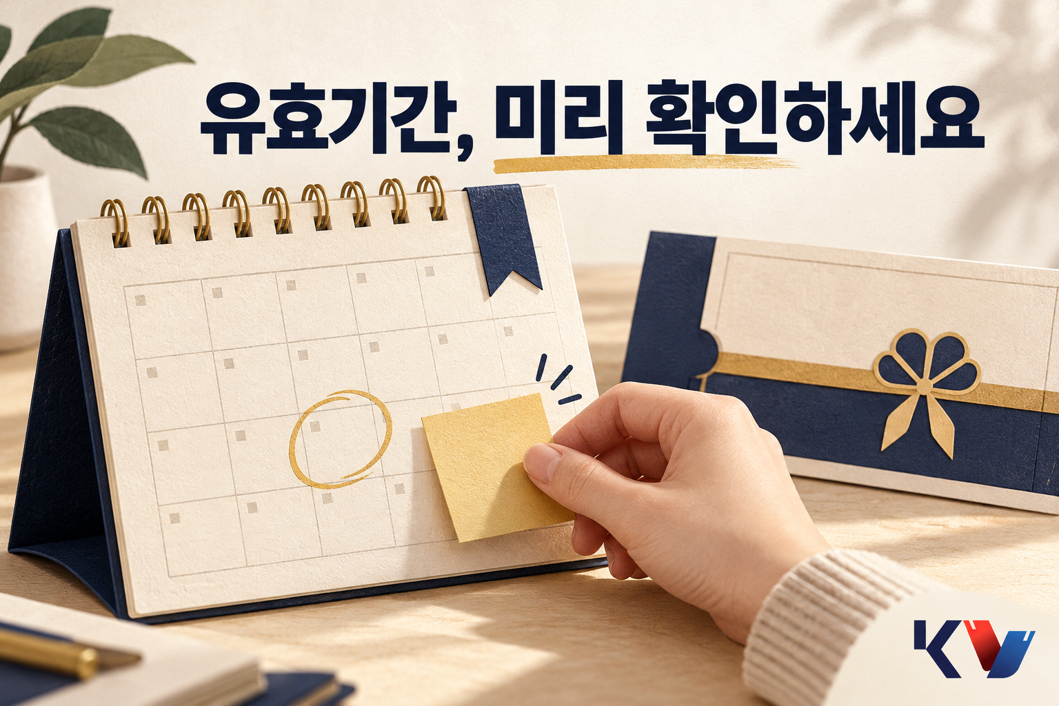 상품권 옆 달력의 기한을 표시하고 알림 메모를 붙이는 모습