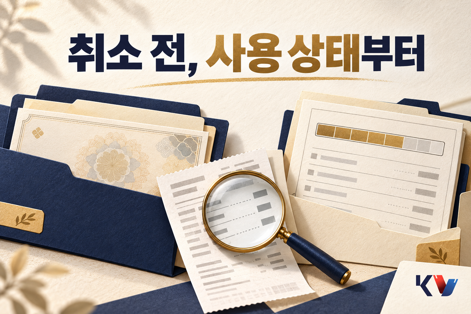 미사용 상품권과 사용 기록이 있는 문서를 나누고 영수증을 살피는 장면