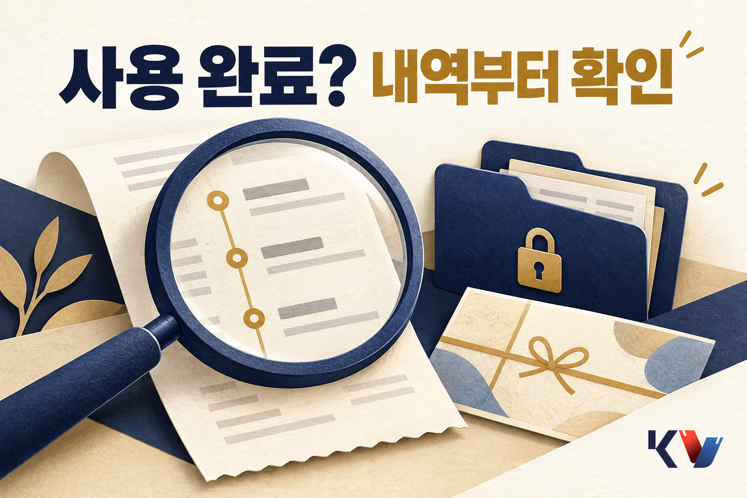 상품권 사용 기록과 영수증을 돋보기로 확인하고 자료를 보관하는 모습