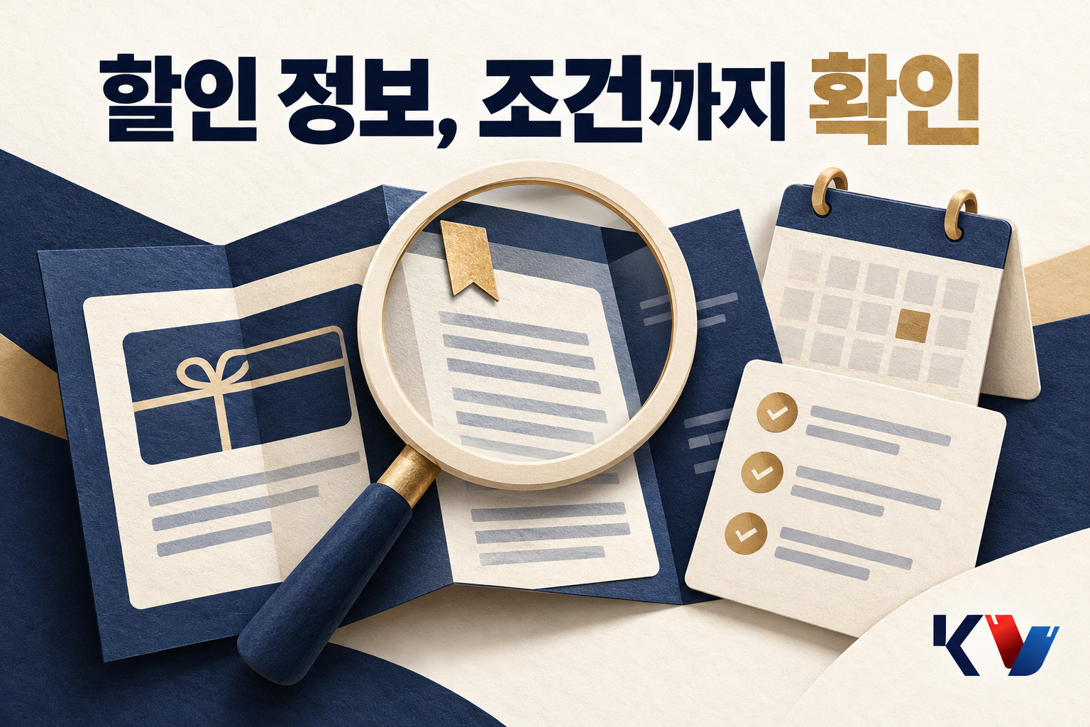 할인 안내문의 작은 조건을 돋보기로 읽고 행사 기간과 확인 목록을 대조하는 이미지