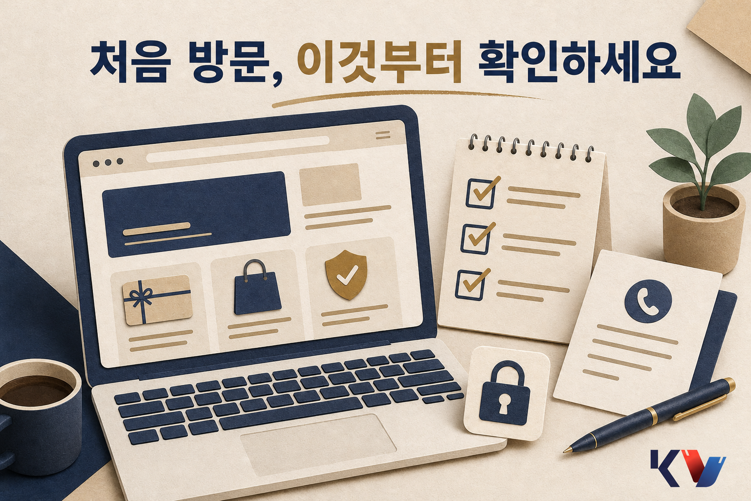 노트북 첫 화면 옆에서 체크리스트와 고객센터 연락처를 보며 사이트 이용 순서를 확인하는 장면