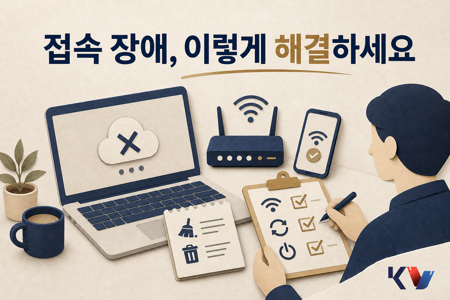 노트북의 접속 오류 화면 옆에서 공유기와 스마트폰을 두고 네트워크 상태와 재접속 순서를 체크리스트로 확인하는 장면