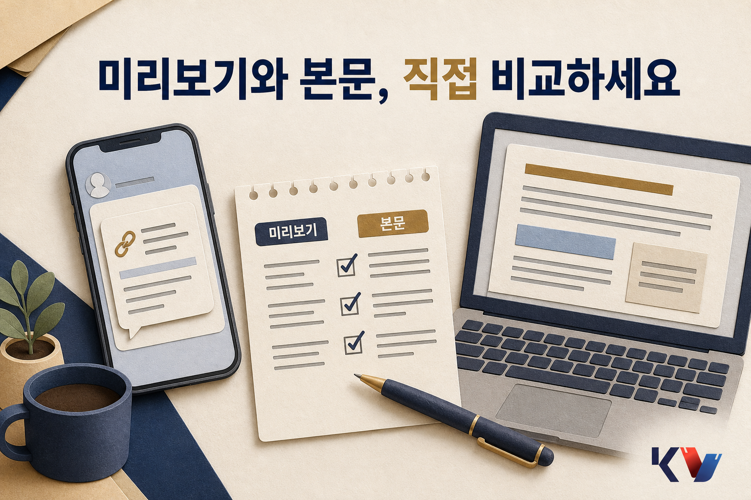 스마트폰의 링크 미리보기와 노트북의 실제 안내 페이지를 나란히 두고 제목과 본문을 비교하는 장면