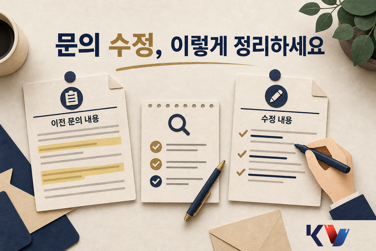 책상 위 두 개의 문의 초안을 나란히 두고 이전 내용과 수정된 내용을 체크하며 정리하는 모습