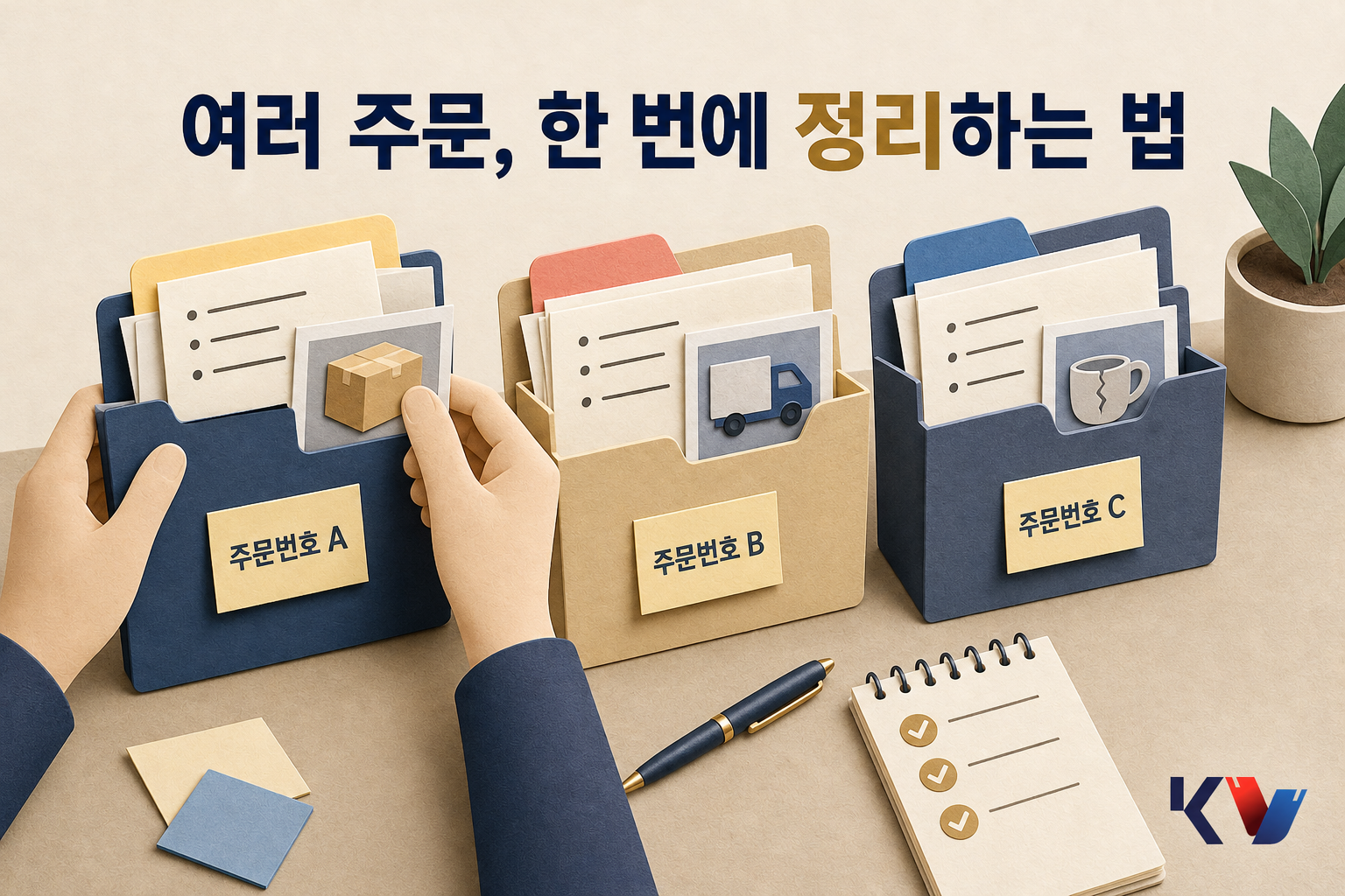 색깔 탭이 달린 서류철에 주문별 메모와 증빙을 하나씩 나눠 꽂으며 정리하는 모습입니다.
