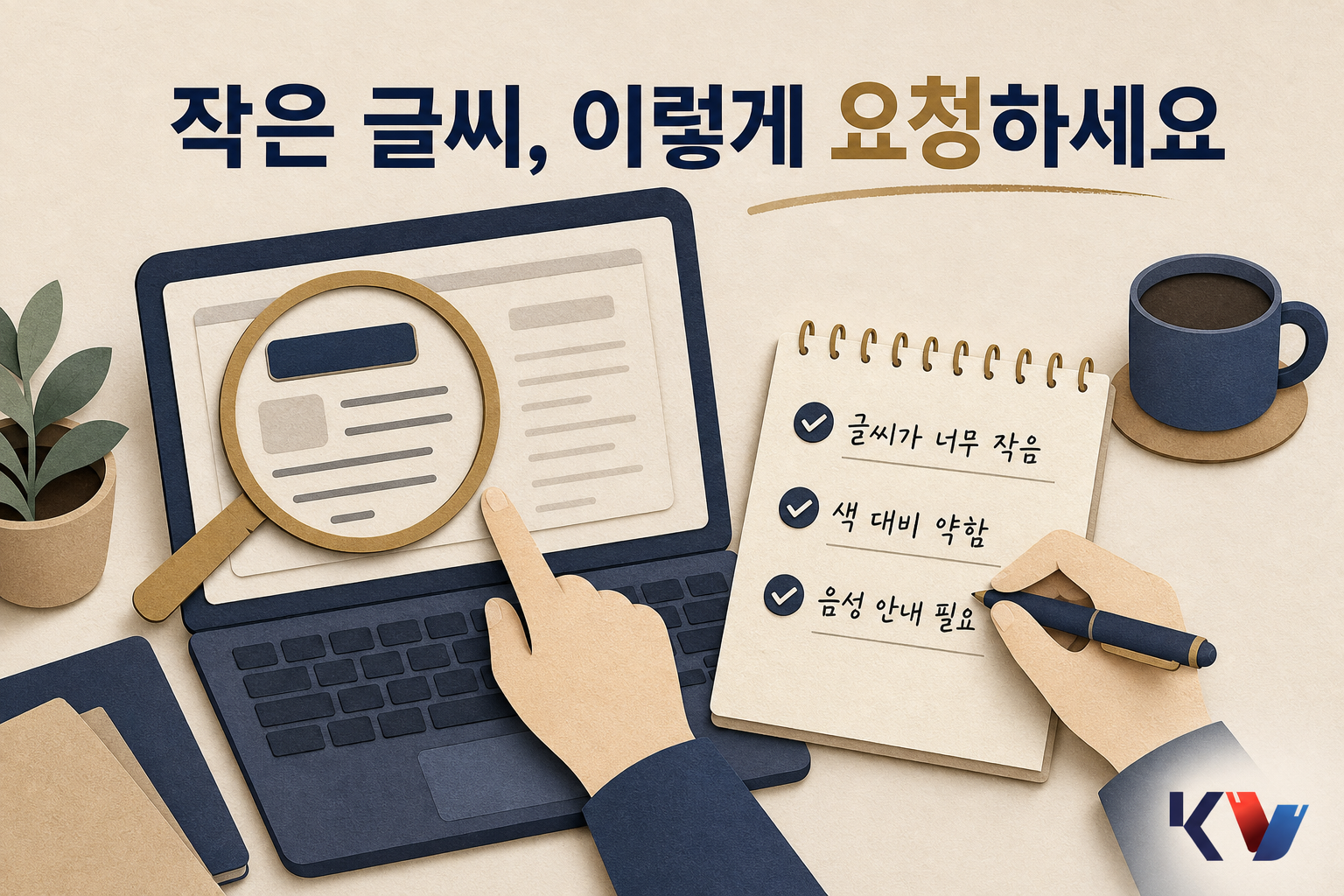 노트북 화면 옆 메모장에 글씨가 너무 작아 읽기 어렵다는 내용과 필요한 지원 항목을 적어 두고 문의 문구를 정리하는 모습