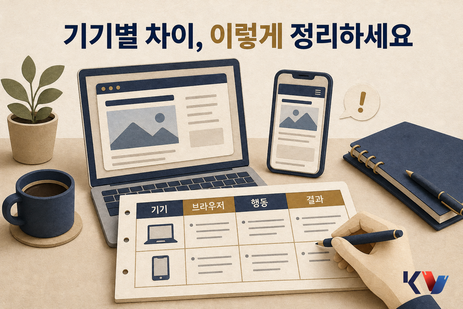 노트북과 스마트폰에 같은 화면이 다르게 보이는 모습을 옆에 두고, 기기별 행동과 결과를 표로 정리하는 장면