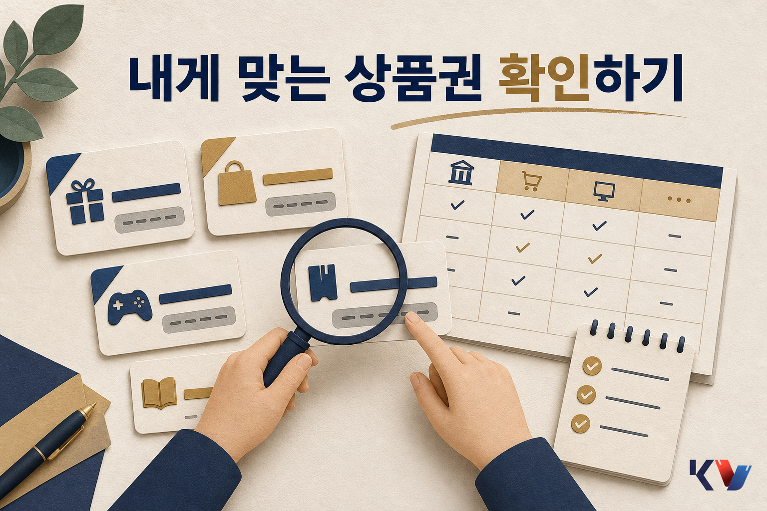책상 위에 여러 종류의 상품권과 발행사 비교표가 놓여 있고, 돋보기로 명칭과 코드를 대조하는 장면입니다.