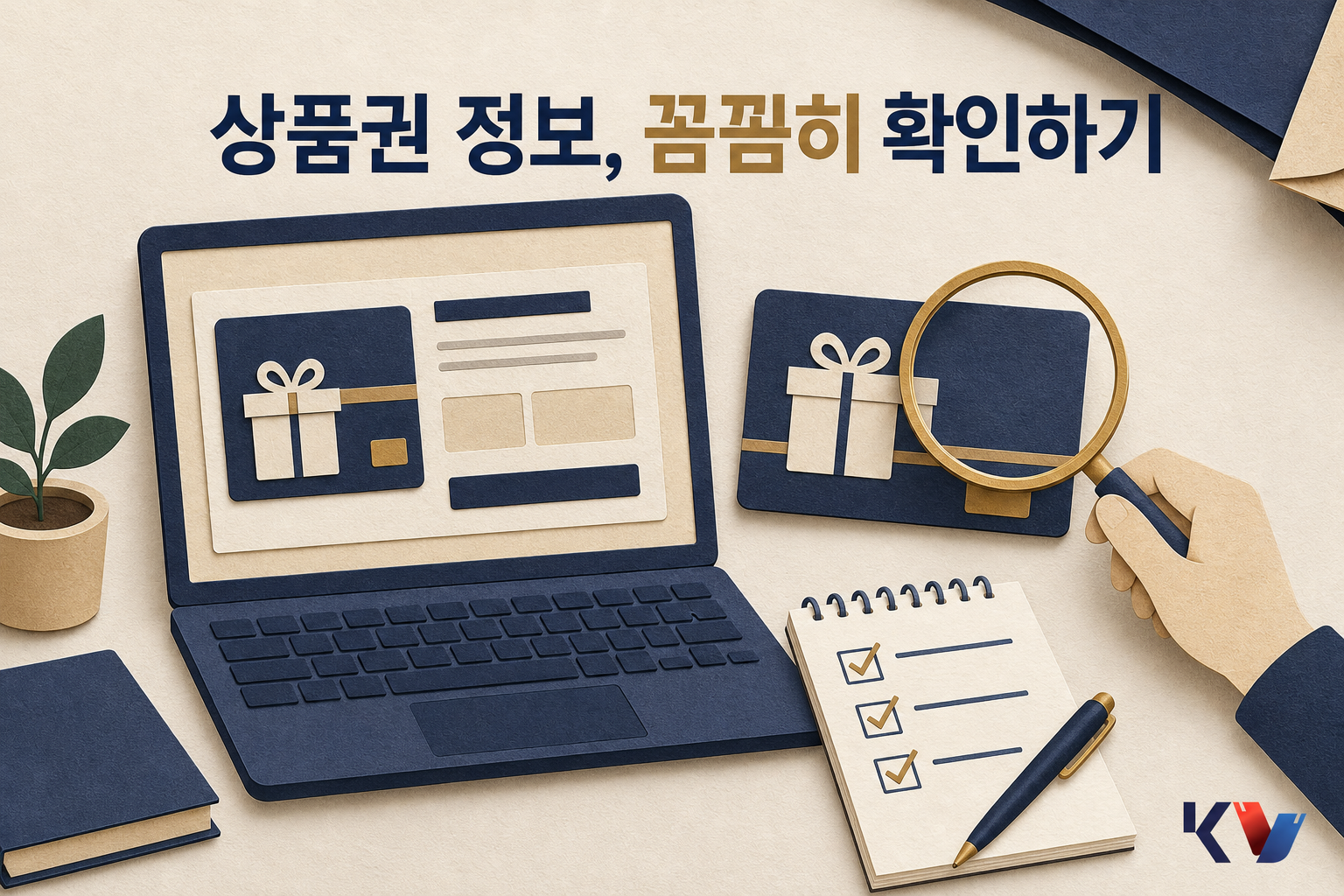 노트북 화면의 판매 페이지와 인쇄된 상품권 샘플을 돋보기로 비교하며 상품명 차이를 적어 두는 장면
