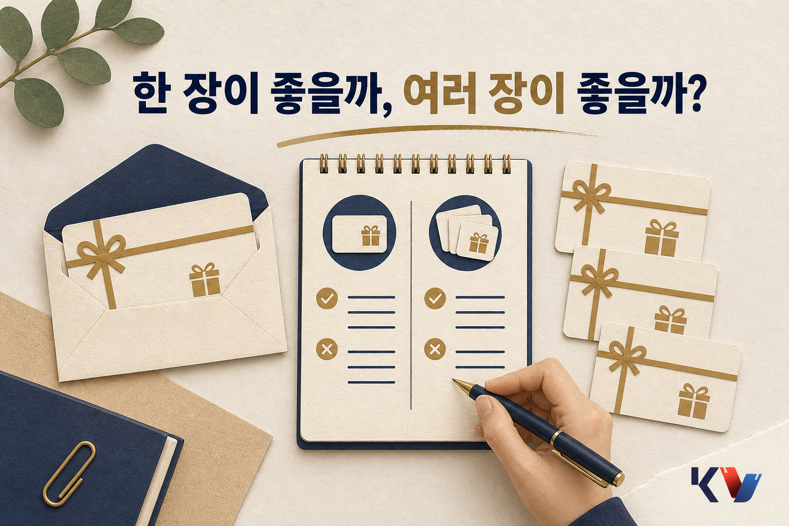 한 장짜리 상품권 봉투와 여러 장으로 나뉜 카드가 책상 위에 나란히 놓여 있고, 가운데 메모지에 장단점을 비교하는 장면
