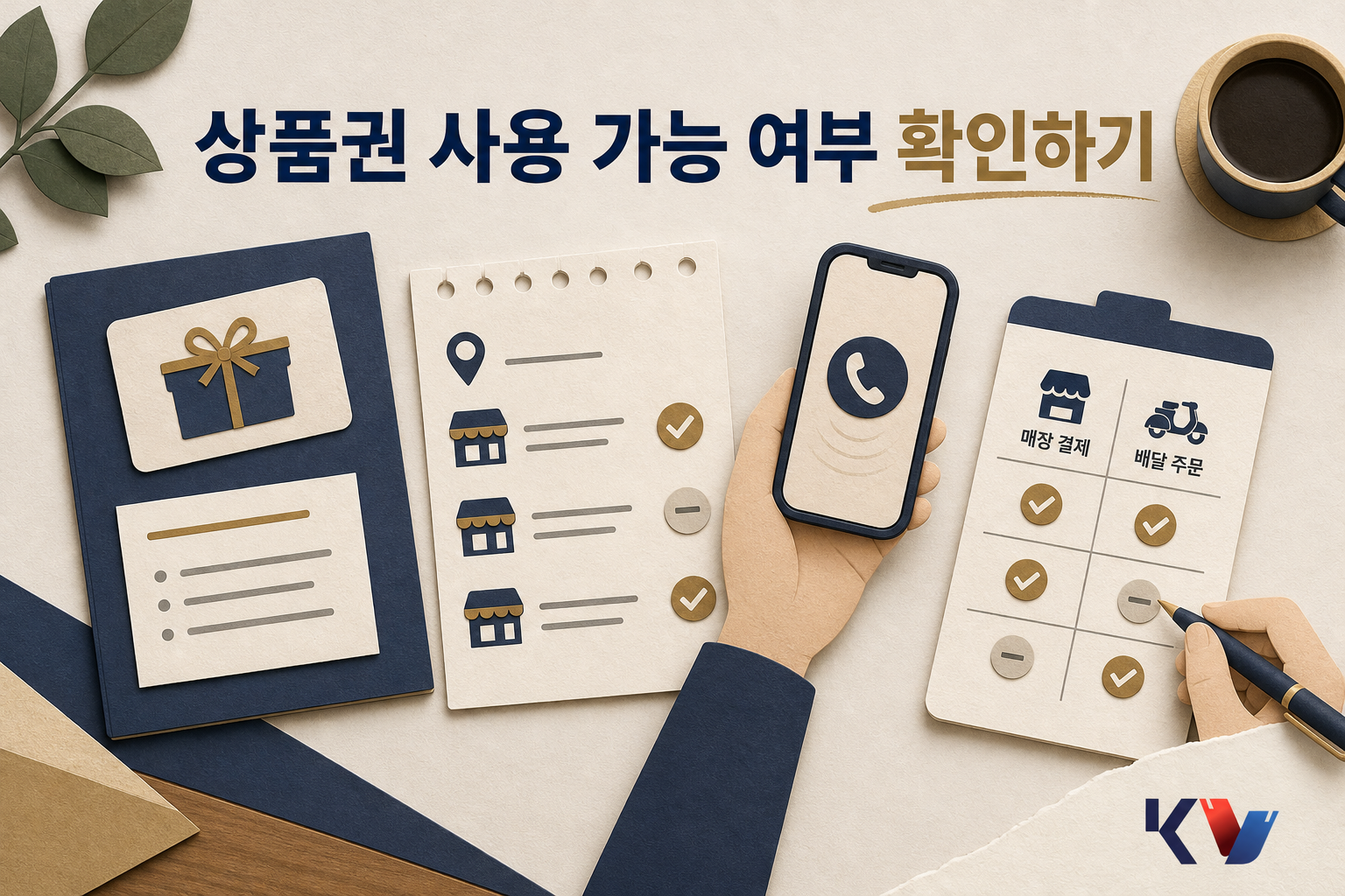 책상 위에서 상품권 안내문과 지점별 체크리스트를 보며 매장 결제와 배달 주문 가능 여부를 따로 확인하는 장면