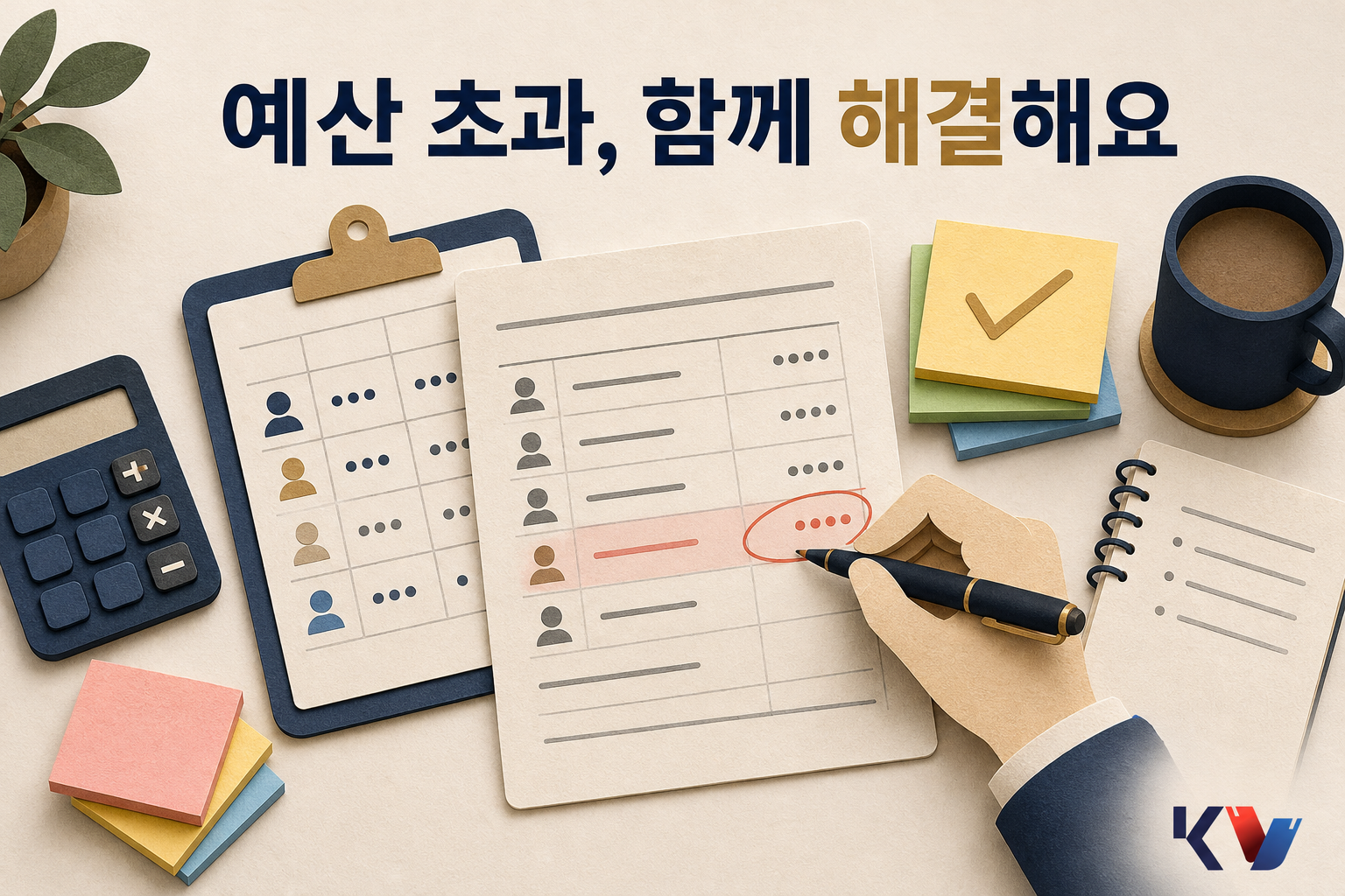 탁자 위에 지출 내역과 분담표를 펼쳐 두고 예산 초과 항목을 표시하며 조정안을 정리하는 장면