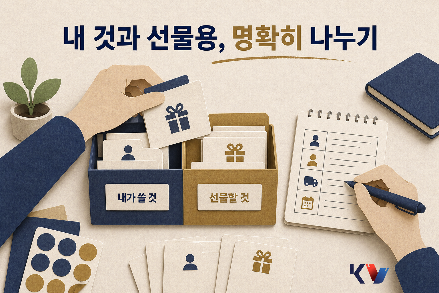 책상 위에서 상품권 봉투를 내가 쓸 것과 선물할 것으로 나눠 서류함에 정리하는 장면