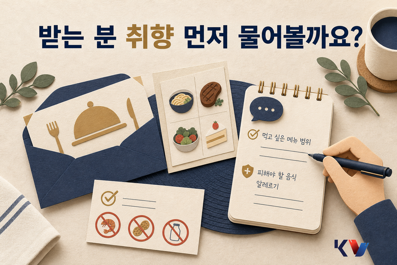 식탁 위에서 음식 교환권과 메뉴 카드, 알레르기 체크 메모를 함께 두고 상대에게 물어볼 문구를 정리하는 모습