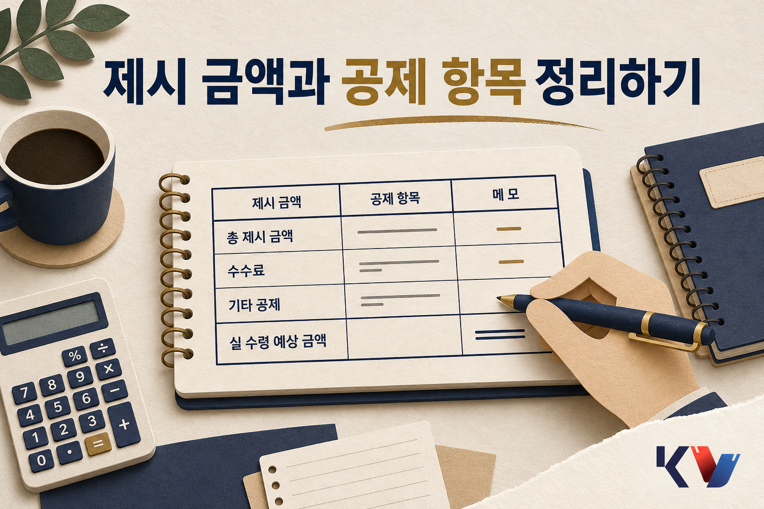 책상 위 노트에 제시 금액과 공제 항목을 표로 나눠 적고 계산기로 금액을 확인하는 장면