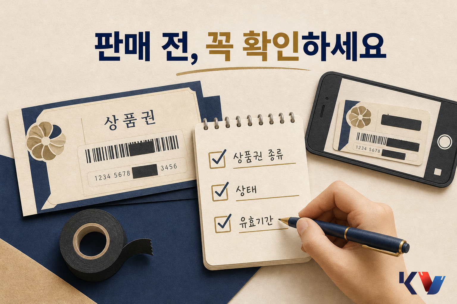책상 위에서 상품권의 번호를 가린 뒤 종류와 상태, 유효기간을 메모지에 확인하는 장면이다.