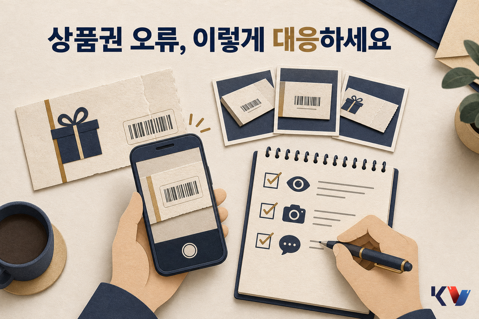 책상 위 상품권을 바코드 중심으로 촬영하면서 오류 내용을 메모장에 정리하는 모습이다.