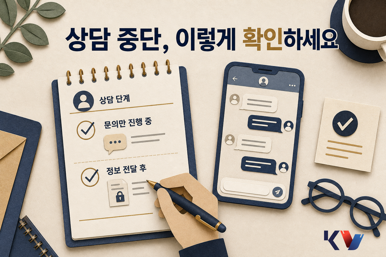 책상 위 메모와 스마트폰 대화창을 함께 보며 상담 단계별로 중단 여부를 정리하는 장면