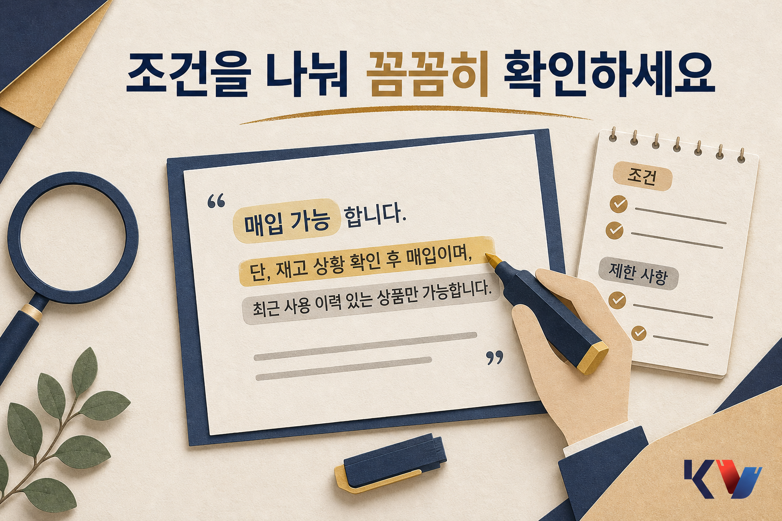 책상 위 답변 문서의 긍정 문구와 조건 문구를 형광펜으로 나눠 표시하며 메모하는 장면