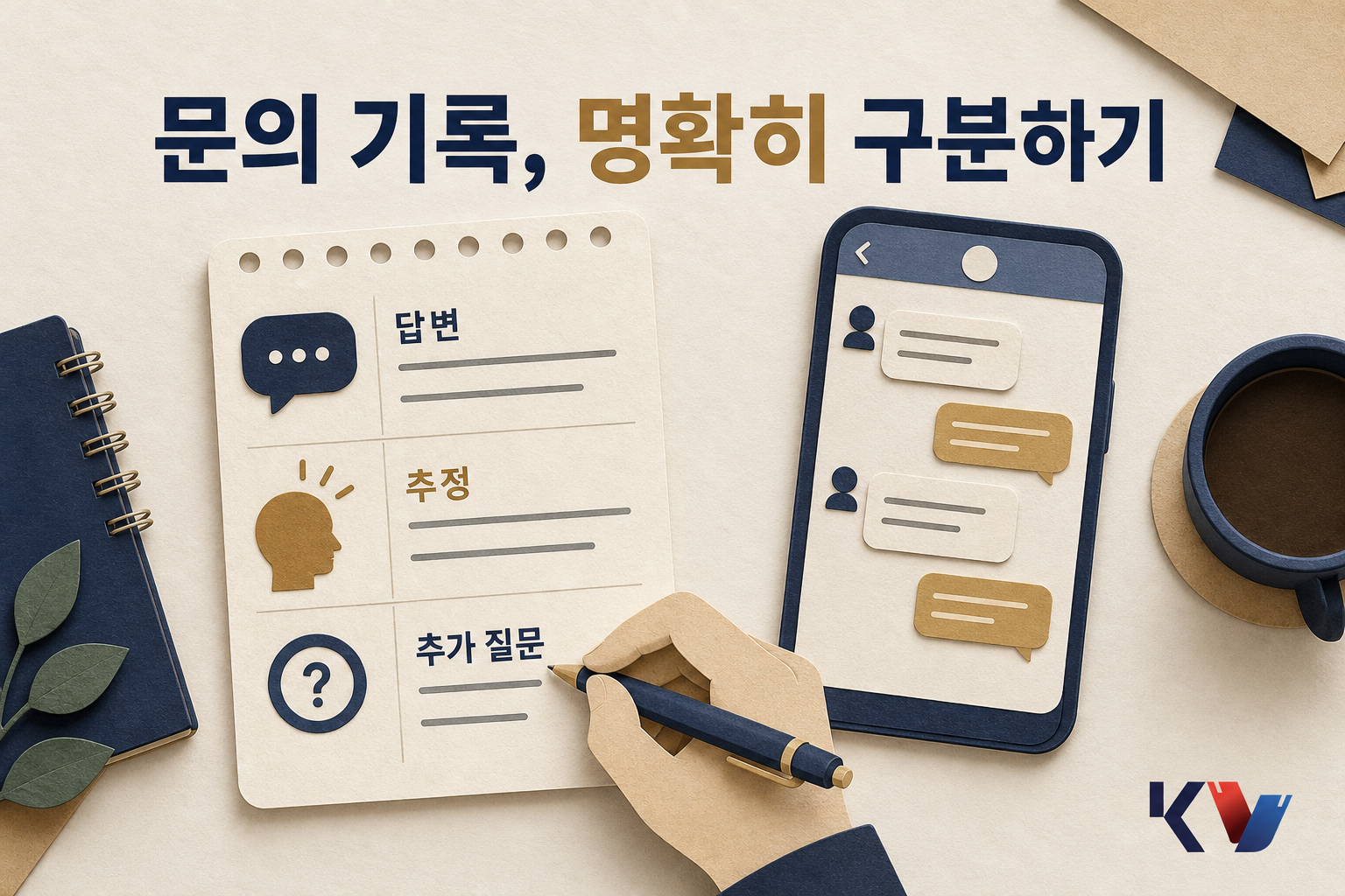 상품권 문의 내용을 답변과 추정, 추가 질문으로 나눠 적는 메모지와 스마트폰 화면이 놓인 책상 장면