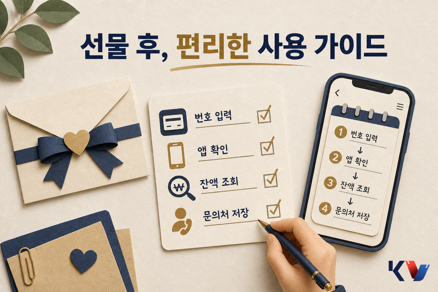선물 봉투 옆에 상품권 안내 메모와 스마트폰 메모 앱이 놓여 있고, 등록 순서와 문의처를 체크리스트로 정리하는 모습