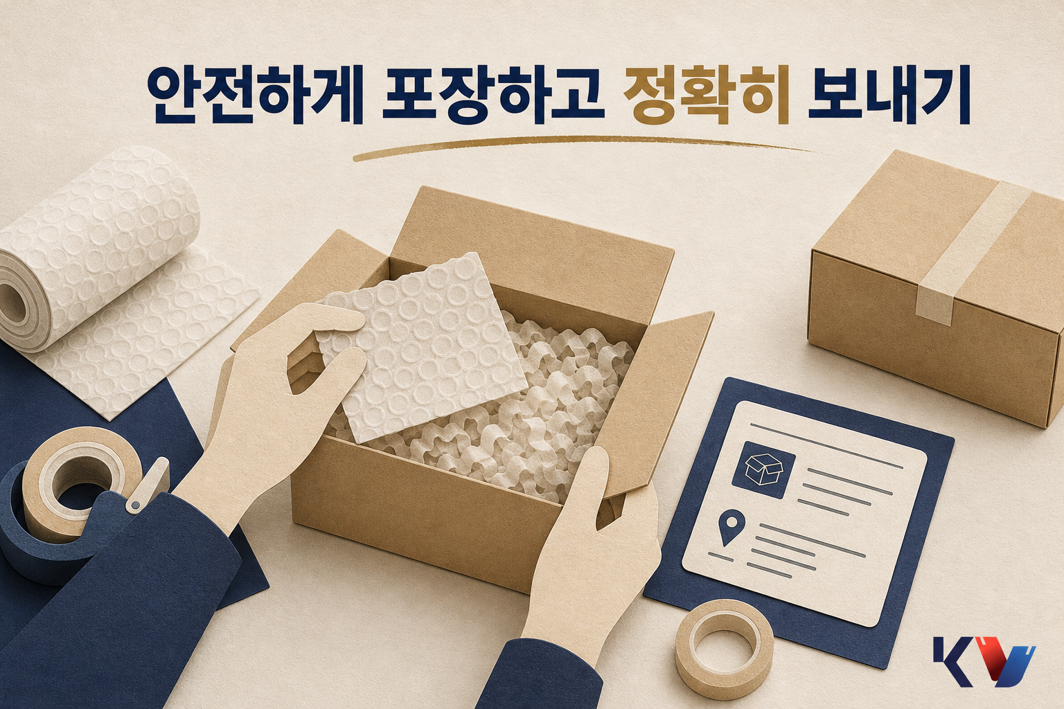 책상 위 상자에 완충재를 채우고 배송 라벨 위치를 확인하는 장면