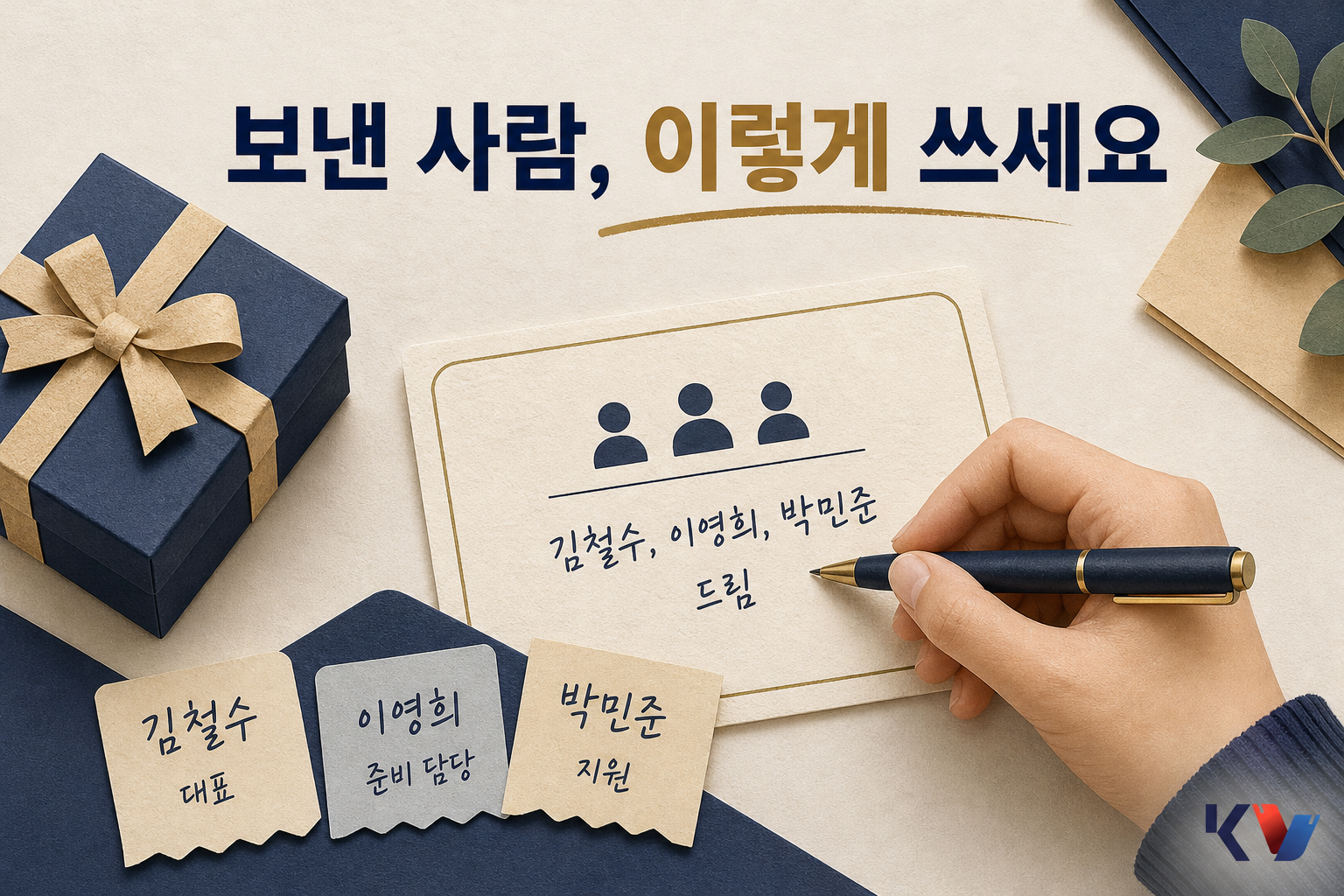 책상 위 선물 상자 옆에 메시지 카드와 이름 스티커 메모를 두고 보낸 사람 표기를 정리하는 모습